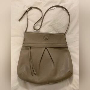 Tory Burch Gray and Tan Crossbody Bag with Slouchy Shape and Long Strap